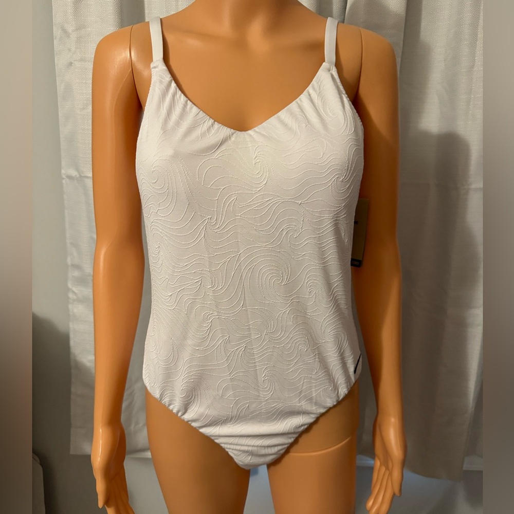 Pretty Nike size L white embossed adjustable one piece swim suit new